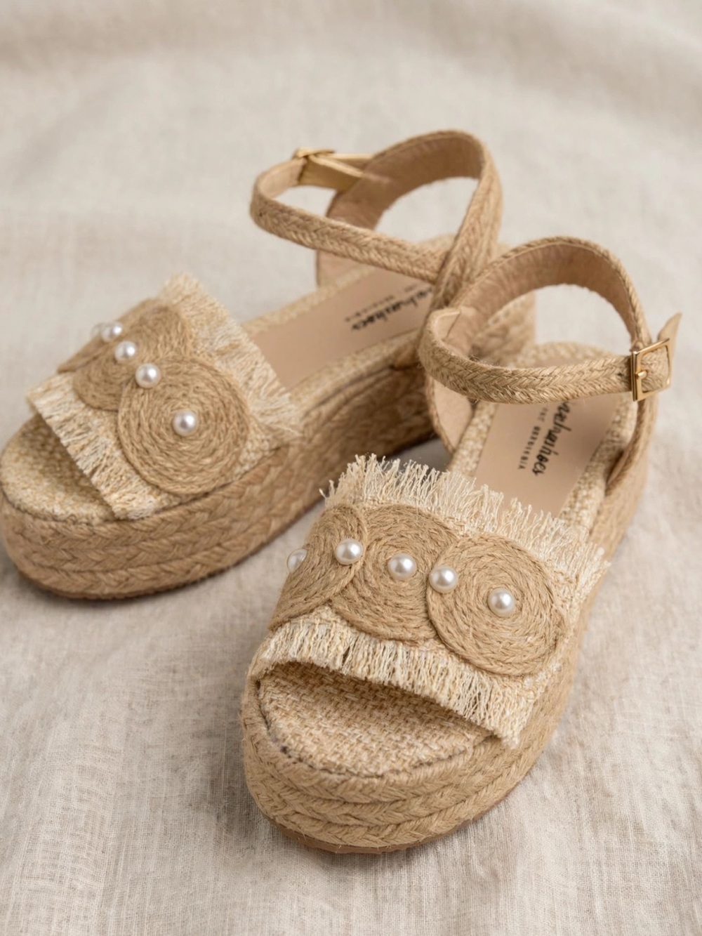 Beige Espadrille Platform Sandals with Pearl Trim